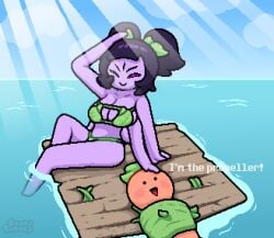 1boy 1boy1girl 1girl 1girls annoying_dog_(undertale) anthro big_breasts bikini black_hair black_sclera bondage boobs breasts dialogue green_bikini green_hair hair_ornament hairtie happy improvised_clothing leaf_bikini leaves leaves_in_hair leaves_on_body muffet ocean okami_tomato pink_eyes plant plant_humanoid purple_body purple_skin raft red_body red_skin sea spider spider_girl spider_humanoid sunbeam text tomato tomato_(okami_tomato) undertale undertale_(series) vine_bondage vines water watermark