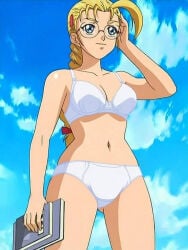 1girls blonde_hair bra glasses history's_strongest_disciple_kenichi miu_furinji panties screenshot_edit underwear underwear_only white_bra white_panties