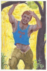blue_eyes erection_under_clothing gay going_commando inviting_to_sex male male_only michael_kirwan no_underwear_(male) original pants_open smiling_at_viewer tagme traditional_media yaoi