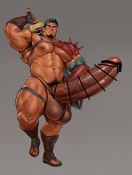abs armor armpit armpit_hair armpits balls bar_censor bara biceps black_hair blush bodybuilder boner censor_bar censored censored_genitalia censored_penis cum cum_drip cum_dripping cum_dripping_from_penis cumming erection facial_hair feet huge_balls huge_cock hyper hyper_balls hyper_genitalia hyper_penis hyper_testicles kuromine_hiraya male male_focus male_only muscles muscular muscular_arms muscular_legs muscular_male muscular_thighs nipples pecs penis pubic_hair solo solo_male testicles thick_thighs thong warrior yaoi yuatari