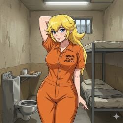 1girl 1girls ai ai_generated barred_window bars bedsheets blonde blonde_female blonde_hair blue_eyes blush blushing book bunk_bed cell female female_focus female_only gemini human human_only inmate inmates_clothing jail jumpsuit light-skinned_female light_skin long_hair long_hair_female mario_(series) nintendo orange_clothing orange_jumpsuit orange_uniform pillow princess_peach prison prison_cell prison_jumpsuit prison_uniform prisoner sink solo solo_female solo_focus steel_toilet super_mario_bros. toilet uniform white_skin wide_hips window
