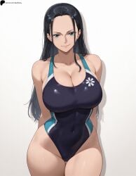 1girl 1girls ai_generated arms_behind_back black_hair blue_eyes blue_one-piece_swimsuit breasts cleavage closed_mouth collarbone covered_navel female female_only forehead hi_res high_quality high_resolution highres large_breasts light lips long_hair looking_at_viewer nico_robin nose one-piece_swimsuit one_piece opal_nemy patreon_logo patreon_url patreon_username plain_background self_upload shadow shiny shiny_clothes shiny_hair shiny_skin simple_background smile solo standing swimsuit thick_thighs thighs watermark white_background