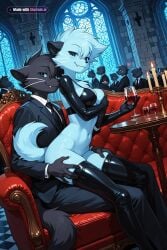 1_girl 1boy 3 ai_assisted ai_generated anal anal_sex angle audience blue_lighting breasts candles closed_mouth clothed clothes crowded dark_lighting dewott dick dynamic_angle fangs female_focus fluffy_tail from_bottom_to_top from_side furry furry_male heart holding_wine_glass indoors leaning_on_table looking_at_viewer medium_breasts no_panties no_underwear pokemon_oc pussy red_couch restaurant side_view smile smug suit top walls window