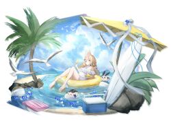 1girl animal_ears bangs beach bikini blonde_hair blue_eyes blue_sky cloud day indie_virtual_youtuber long_hair looking_at_viewer ocean outdoors palm_tree plant sandals seagull sitting sky smile solo swimsuit tree vyugen water yenko