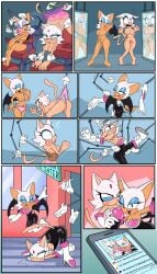 2girls annoyed annoyed_expression blaze_the_cat breasts dressing female high_heel_boots lev0on pussy rouge_the_bat rouge_the_bat_(cosplay) shaved_body smartphone sonic_(series) sonic_the_hedgehog_(series) white_high_heels_boots