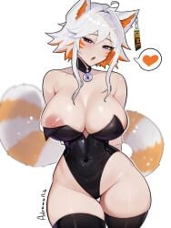 1girls adramallih animal_ears ass big_areola big_breasts birthing_hips breasts bunnysuit cleavage collar demenishki female fluffy_tail heart heart_symbol hips huge_breasts indie_virtual_youtuber large_breasts looking_at_viewer name_tag nipple_slip orange_hair purple_eyes red_panda sexy short_hair smile tail thick thick_thighs thighhighs thighs virtual_youtuber vtuber white_hair wide_hips