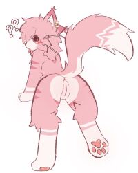 anthro anus butt confusion countershade_butt countershading felid feline female fur genitals hair hi_res looking_at_viewer looking_back looking_back_at_viewer mammal pawpads paws pink_body pink_fur pink_hair presenting presenting_vulva question_mark raised_tail rear_view red_eyes sakurai_(zofreak) simple_background solo tail vulva white_background zofreak