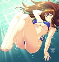 1girls 2025 alluring arm_behind_head artist_name bikini brown_eyes brown_hair commentary danmakuman dated day dead_or_alive dead_or_alive_2 dead_or_alive_3 dead_or_alive_4 dead_or_alive_5 dead_or_alive_6 dead_or_alive_xtreme_venus_vacation dot_nose english_commentary full_body highres kasumi_(doa) knees_up kunoichi large_breasts legs_together long_hair looking_at_viewer parted_lips sidelocks signature silf solo submerged sunlight tecmo uncensored variant_set water