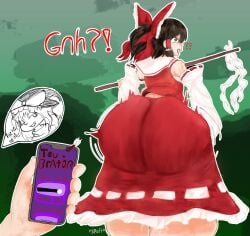 !! fully_clothed gohei gritted_teeth huge_ass laugh marisa_kirisame onomatopoeia phone pussy_juice reimu_hakurei smartphone thick_thighs touhou vibrator vireltsuki