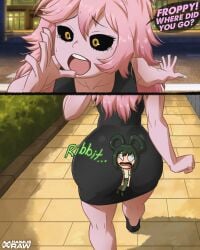 2girls absurdres artist_name ashido_mina ashido_mina_time-skip ass ass_focus asui_tsuyu between_buttocks big_ass black_eyes boku_no_hero_academia chibi daimus_raw derivative_work english_text green_hair highres inconvenient_ass long_hair mina_ashido mina_ashido_time-skip multiple_girls my_hero_academia my_hero_academia_(finale) open_clothes open_mouth post-timeskip stuck tears teeth tongue upper_teeth_only