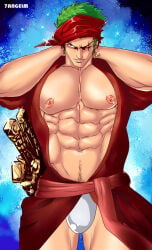 7angelm one_piece bandana bandana_on_head looking_at_viewer pecs pectorals pecs_bigger_than_head abs six_pack green_eyes malicious_smile hands_behind_head frown frowning handsome handsome_man tall_male taller_male wanting_sex seductive seductive_smile seductive_pose seductive_male predatory_eyes roronoa_zoro bara barazoku bara_tits bara_tiddies 1boy male male_only male_focus manly masculine_male gay yaoi solo solo_focus solo_male muscular muscular_male muscles defined_muscles pubic_hair hunk beefy tough_guy bigger_male larger_male broad_shoulders scar scar_on_face scar_across_eye green_hair japanese_male pirate big_dick_energy horny horny_male earrings bulge penis_bulge underwear fundoshi white_underwear kimono kimono_open half-dressed sword swords swordsman
