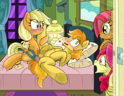 2014 anal anal_sex animal_genitalia apple_bloom_(mlp) applejack_(mlp) babs_seed_(mlp) balls bed bedroom blonde_hair blush braeburn_(mlp) curtains cutie_mark dildo door earth_pony equine eyelashes female feral freckles friendship_is_magic fur green_eyes group hair hooves horse horsecock incest inside kyokimute lamp lying male mammal my_little_pony on_back on_bed open_mouth orange_fur penetration penis pillow pony sex_toy spread_legs spreading straight strapon sweat two_tone_hair window yellow_fur