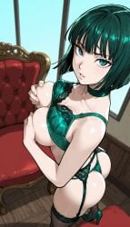 brokewyt ai_generated ai-generated uncensored fubuki_(one-punch_man) one-punch_man 1girl solo breasts looking_at_viewer short_hair bangs large_breasts black_hair thighhighs underwear green_eyes standing collarbone panties ass parted_lips green_hair choker black_thighhighs indoors bra high_heels window lingerie covering lace_trim couch garter_belt thong covering_breasts bra_lift green_bra