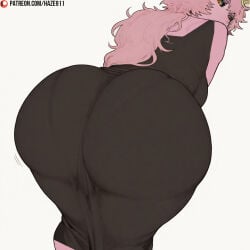 boku_no_hero_academia my_hero_academia mina_ashido ai_generated haze911 colored_sclera colored_skin looking_back yellow_eyes horns huge_ass pink_hair 1girls mina_ashido_time-skip from_behind black_dress solo ass_focus pantylines ass dress pink_skin long_hair looking_at_viewer