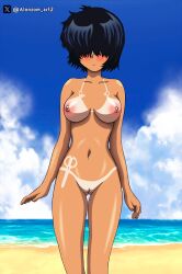 1girl absurdres alonzom_art beach black_hair blue_sky blush breasts cloud cloudy_sky highres nazo_no_kanojo_x nipples nude pussy sand sky solo tan tan_lines tanline tanlines urabe_mikoto