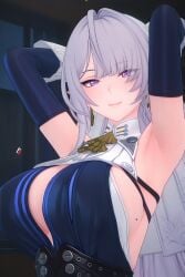 1girls female female_only pale_skin pale-skinned_female silver_hair purple_eyes milf breasts large_breasts arms_behind_head armpits detached_sleeves armpit_focus beauty_mark beauty_mark_on_breasts sideboob cleavage long_hair velina_airgid zenless_zone_zero