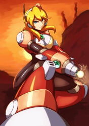 capcom alia mega_man mega_man_x robot_girl big_breasts kotatuman_dash mega_man_(series) mega_man_x8 mega_man_x_(series) alia_(mega_man) absurdres commentary_request highres 1girl android blonde_hair blue_eyes bodysuit breasts gloves headset large_breasts long_hair looking_at_viewer navigator serious solo white_gloves
