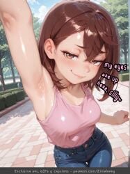 ayase_momo dandadan momo_ayase 1girl solo brown_hair brown_eyes short_hair medium_hair hair_between_eyes armpits presenting_armpit arm_up armpit_focus blush smile closed_mouth looking_at_viewer breasts medium_breasts pink_tank_top tank_top pink_shirt shirt sleeveless blue_pants jeans denim pants outdoors tree day sweat wet_skin english_text text comic ai_generated hi_res high_quality high_resolution highres zimalarey