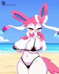 1girls animated big_breasts bikini blush breasts embarrassed female female_only furry hotto_kakuart micro_bikini nintendo nipples no_sound personification pixel_animation pixel_art pokemon pokemon_(species) sylveon tagme video