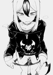1girl black_choker black_hoodie blue_archive blush choker clothes_pull collarbone cum cum_in_clothes cum_in_panties cum_on_body cum_on_pussy diamond_necklace embarrassed female_pubic_hair highres hood hoodie kayoko_(blue_archive) looking_down mole mole_on_collarbone monochrome multicolored_hair panties panty_pull pubic_hair single_wing skirt skirt_pull solo studded_choker studs two-tone_hair underwear wings y4mori_gekko