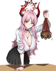 1girl big_breasts blue_archive blush choker coin_on_string demon_girl halo horns jasonkim mole_on_breast pandemonium_society_(blue_archive) satsuki_(blue_archive) school_uniform skirt solo solo_female