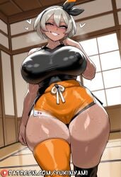 pokemon pokemon_sword_and_shield bea bea_(pokemon) 1girl solo female female_only female_focus solo_focus ai_generated silver_hair white_hair short_hair blue_eyes dark_skin tan athletic muscular_female toned toned_female abs thick_thighs wide_hips curvy large_breasts huge_breasts breasts cleavage breast_focus wet wet_clothes see-through see-through_clothing white_swimsuit swimsuit one-piece_swimsuit cameltoe nipples erect_nipples sweaty sweaty_body sweat sweatdrop shiny_skin blush smug smirk seductive_smile looking_at_viewer indoors japanese_room tatami sliding_doors headband black_bow heart teasing alluring detailed_skin yukinyami nsfw uncensored