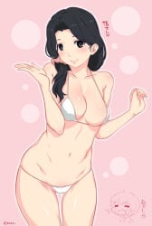 1girls barakamon bikini black_eyes black_hair breasts cleavage female female_only handa_emi handa_seishuu highres long_hair lowleg mature_female mother_and_child mother_and_son mudou_eichi navel parent_and_child scrunchie solo string_bikini swimsuit translated white_bikini
