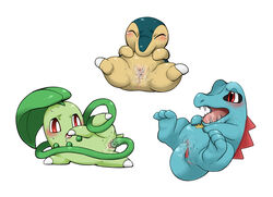 anus blush chikorita cyndaquil drooling female masturbation open_mouth plain_background pokemon pussy pussy_juice red_eyes saliva spread_legs spreading sweat tail_sex tear teeth totodile vines white_background