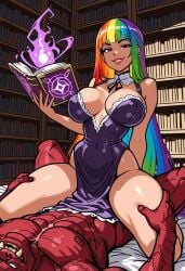 naughty_face rainbow_hair cowgirl_position large_breasts looking_at_viewer ai_generated magical_girl magic_book oni library