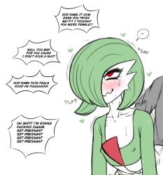 arched_back black_text blush bodily_fluids clothing collarbone dialogue duo ellipsis english_text femboy from_behind_position gardevoir generation_3_pokemon green_hair grey_clothing grey_shirt grey_topwear hair hair_over_eye hi_res human human_on_male human_penetrating humanoid humanoid_focus light-skinned_male male_gardevoir male_only nintendo pokemon pokemon_(species) pokemon_focus profanity red_eyes sex shirt solo_focus speech_bubble sweat text topwear truelordpotato white_body