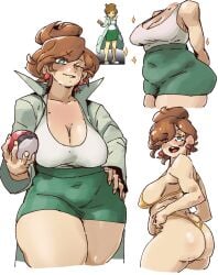 1girls aurea_juniper big_breasts breasts brown_hair coat female female_only game_freak green_eyes hair huge_breasts labcoat lips mature mature_female mature_woman milf pokemon pokemon_bw smile solo solo_female pencil_skirt skirt green_skirt hand_on_hip hips thighs earrings ear_piercing cleavage nintenpeaches sparkles reference_image holding_object pokeball holding_poke_ball one_eye_closed wink winking plump voluptuous voluptuous_female multiple_views yellow_bikini bikini bikini_top bikini_bottom topwear bottomwear swimwear big_ass ass micro_bikini
