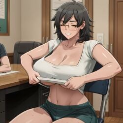 1:1 1girls ai_generated animated areolae armpits arms_up bangs bare_shoulders big_breasts black_hair bouncing_breasts breasts chair cleavage clothing collarbone curvy desk eyelashes eyewear female female_focus female_only freckles freckles_on_breasts freckles_on_face freckles_on_thighs glasses grin hair_between_eyes highres hips huge_breasts human illustrious_(stable_diffusion) large_breasts lips looking_at_viewer loop mary_aki mature_female medium_hair messy_hair midriff navel nipples no_bra no_sound open_mouth revealing_clothes sagging_breasts short_shorts short_sleeves shorts skimpy smile solo solo_female t-shirt tagme teeth thick_thighs thighs tongue tougen_anki undressing video voluptuous wan2.1 wan2.2 wide_hips yellow_eyes