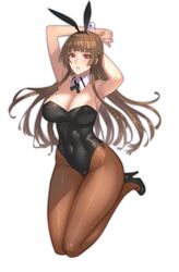 animal_ears arm_behind_head arms_up bangs black_leotard blunt_bangs braid breasts brown_hair brown_legwear bunny_ears bunny_girl bunnysuit cleavage damegane detached_collar eyebrows_visible_through_hair fake_animal_ears female floating_hair full_body high_heels high_resolution large_breasts leotard long_hair original pantyhose parted_lips red_eyes sakura_(damegane) shoes simple_background solo thighs tied_hair white_background wrist_cuffs