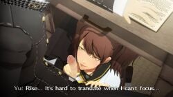 kujikawa_rise persona persona_4 shin_megami_tensei 1girls 1boy school_uniform schoolgirl uriziel38 under_desk under_the_table under_the_desk yellow_eyes looking_pleasured looking_up looking_at_partner 1girl kneeling kneeling_oral_position kneeling_female 1male 1female female female_focus male male/female 3d 3d_(artwork) blender blender_(software) blender_cycles double_bun brown_hair tied_hair ponytail long_hair very_long_hair penis cock english_text dialogue dialogue_box penis_awe