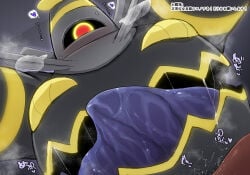 1_eye 5_fingers anthro belly belly_mouth bodily_fluids breath cum cum_on_body digital_media_(artwork) digital_painting_(artwork) drooling drooling_tongue duo dusknoir female fingers first_person_view genital_fluids ghost glowing glowing_eyes grey_body hi_res humanoid interspecies japanese_text kwns_s_(nemu) low-angle_view male mammal markings nintendo obscured_penetration offscreen_sex painting_(artwork) penetrated_pov penetration pokemon pokemon_(species) purple_tongue receiving_pov red_eyes saliva solo spirit stripes sweat taker_pov text thick_arms tongue tongue_out translation_request yellow_markings
