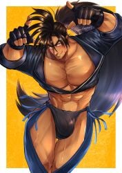 1boy abs angel_(kof)_(cosplay) artist_name assless_chaps bangs bara bare_breasts beard_stubble beefy biceps big_bulge black_fundoshi breasts breasts_bigger_than_head bulge bulge_through_clothing collarbone costume_switch daddy dancing dilf fingerless_gloves fundoshi gay genital_outline gesture gloves haohmaru haoumaru hi_res hips hips_wider_than_shoulders hunk king_of_fighters long_hair looking_at_viewer male male_breasts male_only manly mature_male mofnyan moobs muscles muscular muscular_arms muscular_legs muscular_male muscular_thighs no_body_hair pecs ponytail revealing_clothes rokushaku_fundoshi rolled_up_sleeves samurai_shodown sexy_pose six_pack skimpy smile smirk snk solo standing thick thick_eyebrows thick_legs thick_thighs tied_hair tough_guy veiny_breasts veiny_legs very_high_resolution very_long_hair yaoi yellow_background