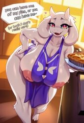 hellsonger deltarune undertale_(series) toriel bovid caprine goat mammal english_text hi_res anthro apron apron_only areola bent_over big_breasts breasts clothed clothing dessert dialogue female female_anthro food fur heart_symbol horn huge_breasts looking_at_viewer mature_female monotone_body monotone_breasts monotone_fur mostly_nude nipples open_mouth pastry pie pink_areola pink_nipples purple_clothing red_eyes solo speech_bubble talking_to_viewer text thick_thighs white_body white_breasts white_fur wide_hips ai_generated