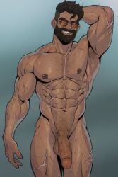 sunglasses solo solo_male bara scars scars_all_over tan_skin tanned_skin tanned_male cocky cocky_smile smile smiling smiling_at_viewer showing_off human human_male manly masculine_male masculine manly_face proud circumcised abs fit_male muscles muscular muscular_male buff buff_male hunk hunky big_arms big_pecs big_abs shredded_muscles trimmed_pubic_hair veiny_penis big_penis big_cock big_balls biker mercenary veiny_muscles beard bearded facial_hair george_(character) male male_only oc thick_penis