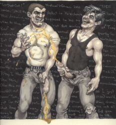 2boys balls_bulge black_hair black_tank_top brown_hair clothed erection flaccid foreskin gay jeans light_skin male male_only michael_kirwan muscular nipples nipples_visible_through_clothing original out_of_frame pants partially_colored penis penis_through_leghole pissing pubic_hair tank_top text text_background traditional_media uncircumcised urine yaoi