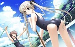 amatsume_akira armpits arms_up ass blonde_hair blush brown_hair chainlink_fence closed_eyes cloud dutch_angle fence game_cg grey_eyes hair_ribbon happy hashimoto_takashi high_resolution hose kasugano_sora leaning_forward long_hair looking_back multiple_girls one-piece_swimsuit ribbon school_swimsuit short_hair swimsuit tied_hair twintails very_long_hair water wet wet_clothes yosuga_no_sora