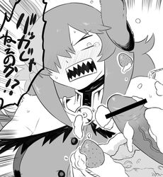 bare_shoulders birthday_cake blush breasts burning_candle cake candle censored constricted_pupils demon_girl emphasis_lines erection female food fruit hair_over_one_eyes horns jewelry long_hair monochrome necklace nise_maou_kanizeru open_mouth original payot penis pointless_censoring sharp_teeth simple_background solo strawberry surprised sweatdrop tear text translation_request tsukudani_(coke-buta) wavy_hair white_background yuusha_to_maou