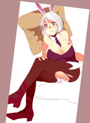 animal_ears battle_bunny_riven breasts breath brown_eyes bunny_ears bunny_girl bunnysuit collar creampie cum cum_inside female high_heels large_breasts league_of_legends md5_mismatch nasedoha necktie nipples pantyhose pillow riven sex shoes short_hair torn_clothes torn_pantyhose white_hair