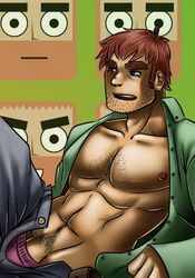 1boy abs artist_request dick_root joseph_(scott_pilgrim) male male_nipples male_only male_pubic_hair muscle open_pants open_shirt pecs penis penis_peek scott_pilgrim solo stephen_stills