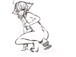 ahoge anal anal_insertion buttplug dildo female flat_chest highres monochrome nipples nude original pan!ies pilo short_hair sketch solo squatting wince