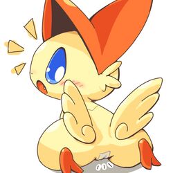 ass back blue_eyes blush cre female from_behind furry looking_back open_mouth plain_background pokémon_(species) pokemon pokemon_(species) pussy victini white_background wings