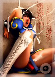 against_wall ahe_gao ahegao ahegao_face back_against_wall black_hair boots bracelet bukkake bun_cover china_dress chinese_clothes chun-li closed_eyes cross-laced_footwear cum cum_in_hair cum_in_mouth cum_on_clothes dildo_under_clothes dildo_under_clothing dildo_under_panties double_bun facial female female_only gasp gasping human jewelry knee_boots lace-up_boots lips looking_pleasured lost_in_pleasure orgasm orgasm_face panties pantyhose pleasure_face puffy_sleeves pussy quaraci sash solo spiked_bracelet spikes street_fighter underwear vibrator vibrator_under_panties