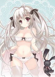 1girls bandeau blush bow bow_panties bra breasts cleavage female frilled_panties frills hair_ribbon hairbow kasugano_sora lingerie long_hair navel panties plush red_eyes ribbon solo stuffed_animal stuffed_toy thighhighs tied_hair twintails underwear utase_yui white_hair white_legwear yosuga_no_sora