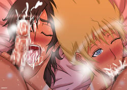 2boys 2girls blonde_hair bloody_roar censored closed_eyes crossover cum cum_in_mouth cum_on_hair facial fellatio hair masane_amaha mosaic_censoring multiple_boys multiple_girls oral papepox2 penis shina_the_leopard unseen_male_face witchblade