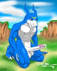 1boy balls cum digimon flamedramon flamey male male_only masturbation muscles penis solo