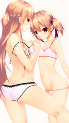 2girls ass ass_cleavage ayano_keiko bikini blush bow bow_panties bra braid breasts brown_eyes brown_hair butt_crack cleavage female female_only flat_chest half_updo highres kneepits long_hair looking_at_viewer looking_back lowleg lowleg_panties midriff mogu mound_of_venus multiple_girls navel open_mouth orange_hair panties panty_pull parted_lips red_eyes short_hair short_twintails silica simple_background swimsuit sword_art_online tied_hair twintails underwear undressing very_long_hair white_background white_bra white_panties yuuki_asuna